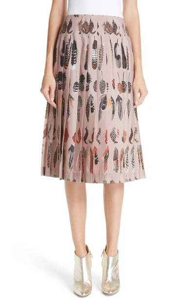 Shop Altuzarra Feather Print Pleated Skirt In Almond