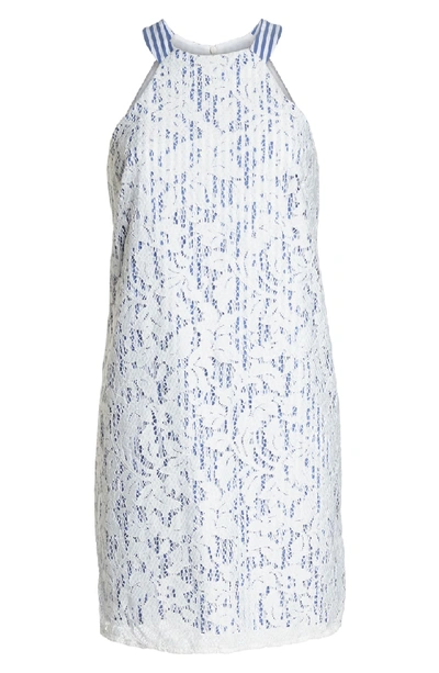 Shop Maggy London Pinstripe Lace Overlay Shift Dress In White/ Blue