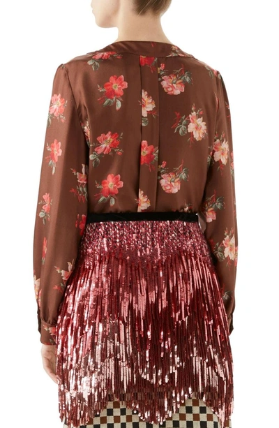 Shop Gucci Pleated Floral Print Silk Blouse In Brown