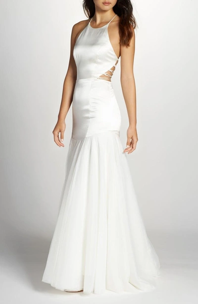 Shop Fame And Partners Fame & Partners Alexandrina Strappy Satin & Tulle Mermaid Gown In Ivory