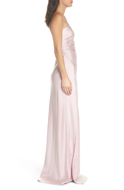 Shop La Femme Gathered Strapless Satin Gown In Blush