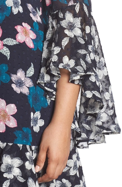 Shop Eliza J Flounce Bell Sleeve Floral Fil Coupe Chiffon Shift Dress In Navy