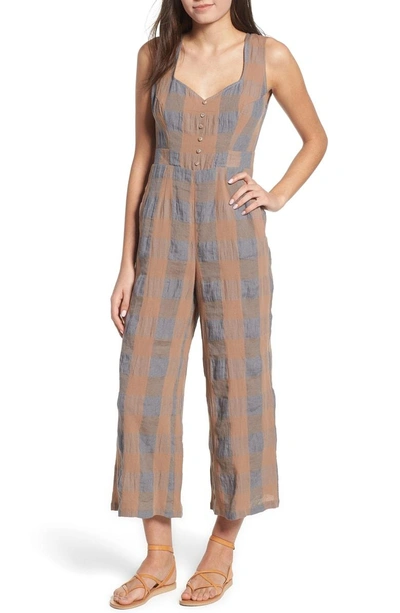 Shop The East Order Frankie Check Linen Blend Jumpsuit In Smoke And Biscuit