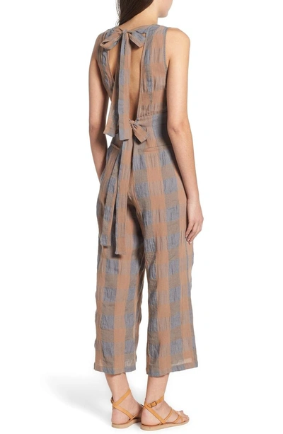 Shop The East Order Frankie Check Linen Blend Jumpsuit In Smoke And Biscuit