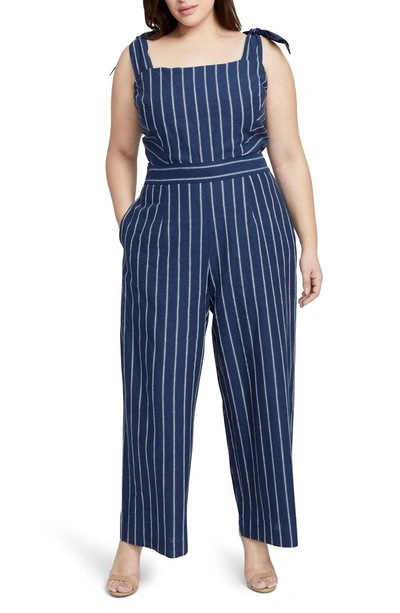 Shop Rachel Rachel Roy Stripe Linen & Cotton Jumpsuit In Indigo Eggshell Combo