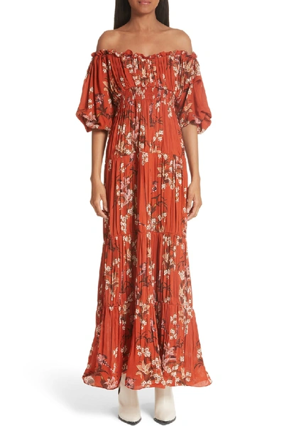 Shop Johanna Ortiz Viajes Off The Shoulder Silk Gown In Renaissance Victorian Red