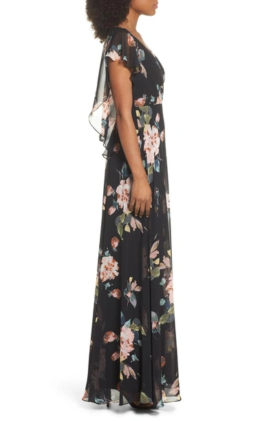 Shop Jenny Yoo Alanna Ohana Print Open Back Print Chiffon Gown In Black Multi