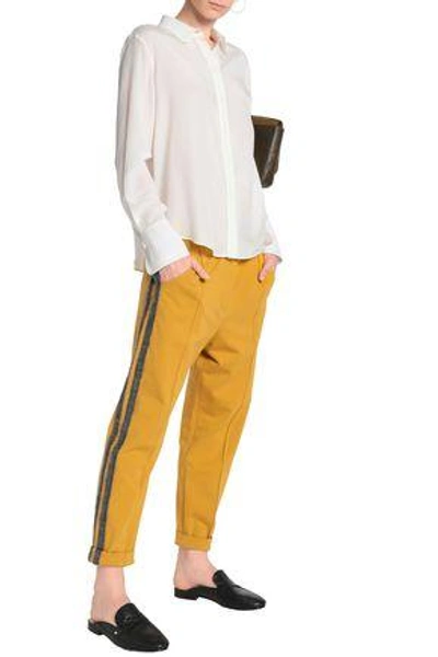 Shop Brunello Cucinelli Woman Striped Wool-trimmed Cotton-blend Terry Track Pants Mustard