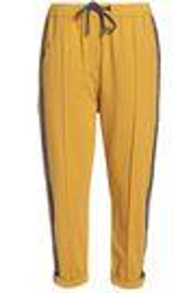 Shop Brunello Cucinelli Woman Striped Wool-trimmed Cotton-blend Terry Track Pants Mustard