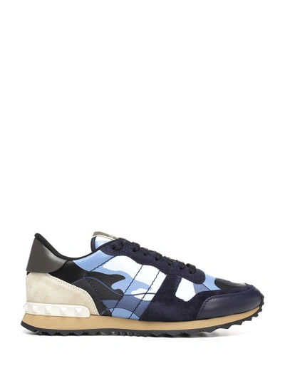 Shop Valentino Rockstud Camouflage Sneakers In Blue