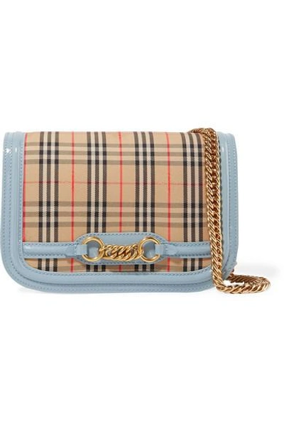 Shop Burberry Patent Leather-trimmed Checked Canvas Shoulder Bag In Neutral