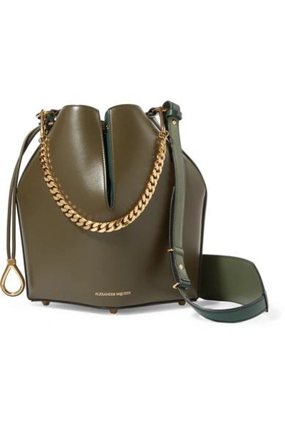 Shop Alexander Mcqueen Paneled Leather Bucket Bag In Army Green