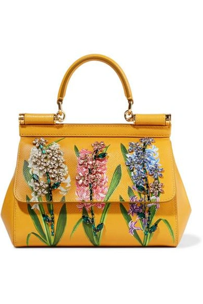 Shop Dolce & Gabbana Sicily Small Embellished Printed Textured-leather Tote In Marigold