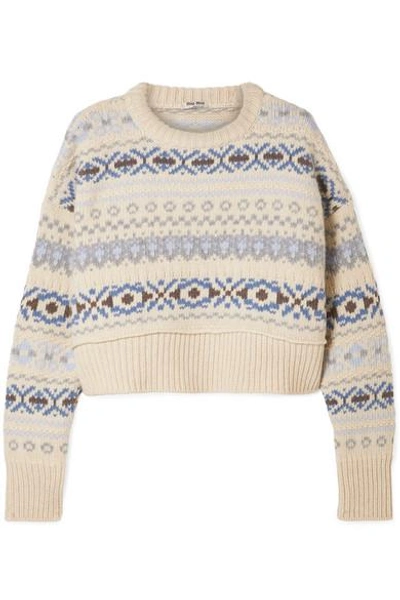 Shop Miu Miu Cropped Fair Isle Wool Sweater In Cream