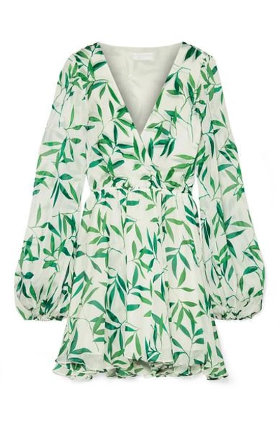 Shop Caroline Constas Olena Wrap-effect Printed Silk-chiffon Mini Dress In Green