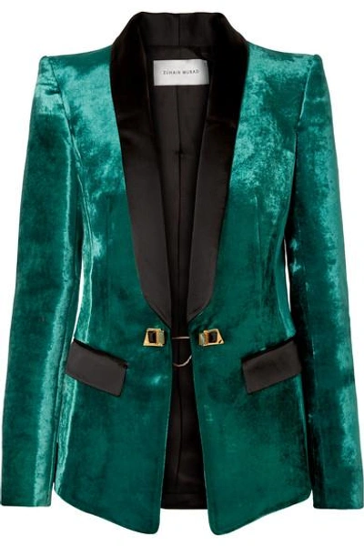 Shop Zuhair Murad Satin-trimmed Velvet Tuxedo Blazer In Emerald