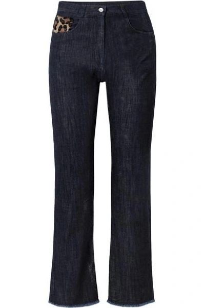 Shop Michael Kors Calf Hair-trimmed High-rise Straight-leg Jeans In Dark Denim