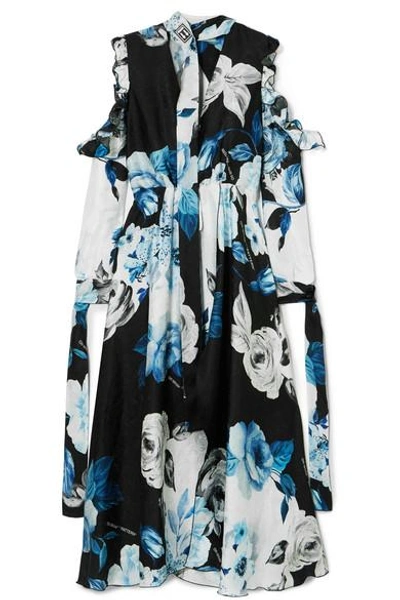 Shop Off-white Cold-shoulder Floral-print Silk-moire Midi Dress In Blue