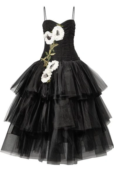 Shop Marchesa Appliquéd Embellished Velvet-trimmed Tulle Gown In Black