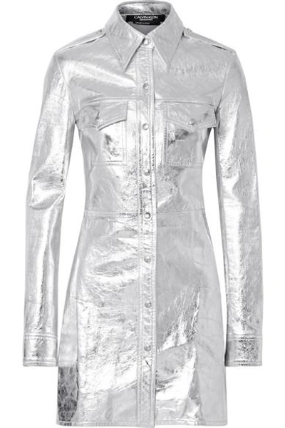 Shop Calvin Klein 205w39nyc Metallic Textured-leather Mini Dress In Silver