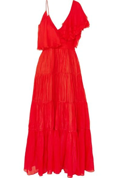 Shop Johanna Ortiz Noche De Rosas Asymmetric Ruffled Silk Maxi Dress In Red