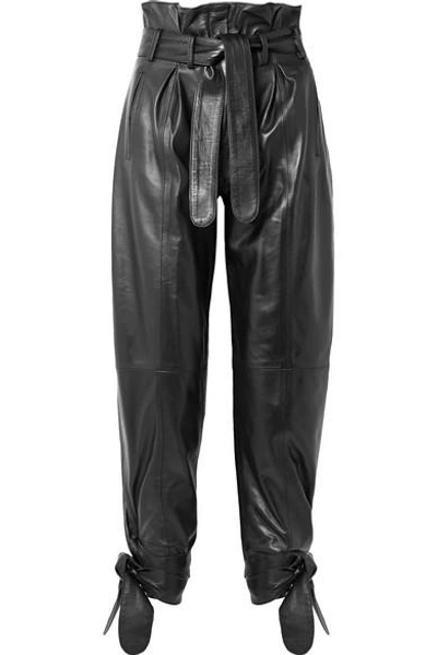 Shop Attico Tie-detailed Belted Leather Straight-leg Pants In Black