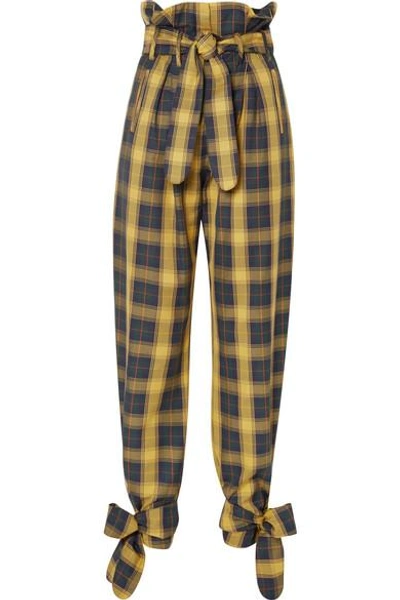 Shop Attico Tie-detailed Belted Checked Cotton-twill Straight-leg Pants In Yellow