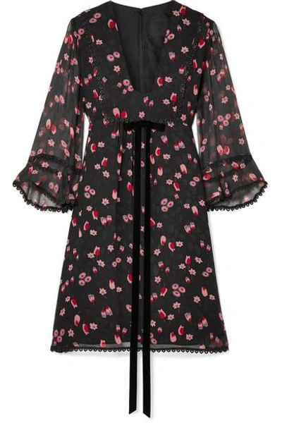 Shop Anna Sui Tossed Tulips Printed Crinkled Silk-chiffon Mini Dress In Black