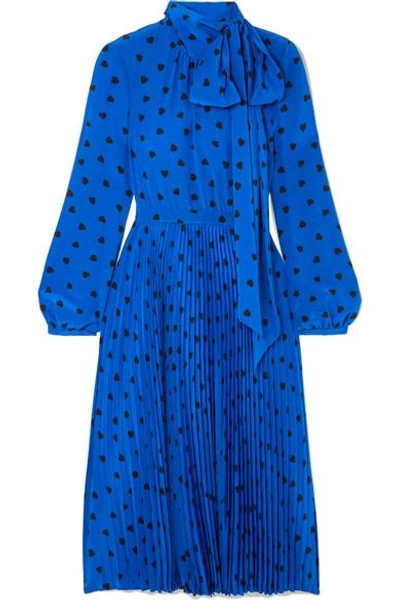 Shop Valentino Pussy-bow Pleated Printed Silk Midi Dress In Bright Blue