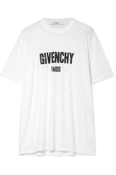 Shop Givenchy Oversized Distressed Printed Cotton-jersey T-shirt In White