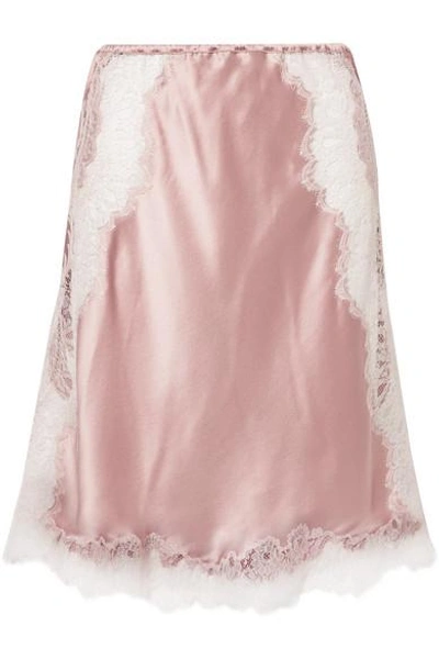 Shop Carine Gilson Chantilly Lace-trimmed Silk-satin Slip Skirt In Blush
