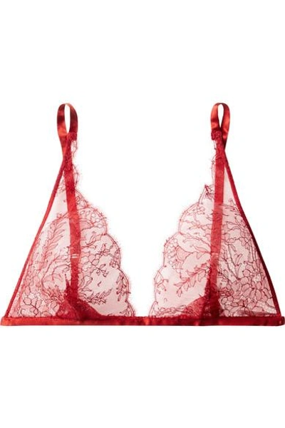 Shop Carine Gilson Silk Satin-trimmed Chantilly Lace Soft-cup Triangle Bra In Red