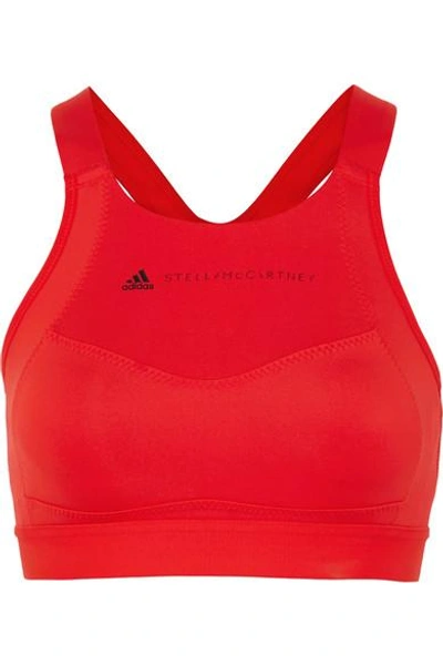 Shop Adidas By Stella Mccartney Essential Climalite Mesh-trimmed Stretch Sports Bra In Red