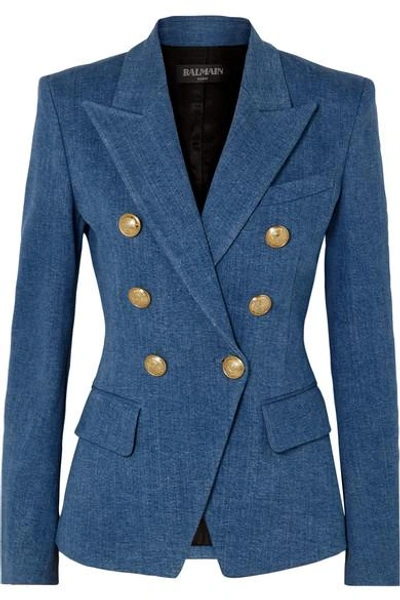 Shop Balmain Double-breasted Denim Blazer In Blue