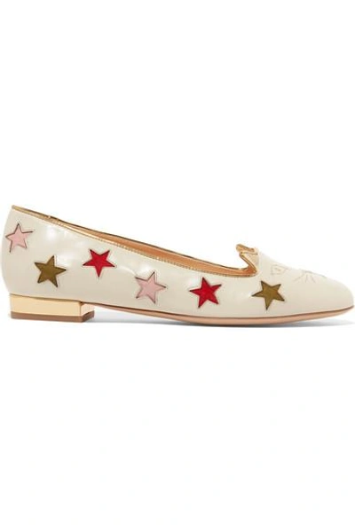 Shop Charlotte Olympia Kitty Cutout Embroidered Leather Slippers In White