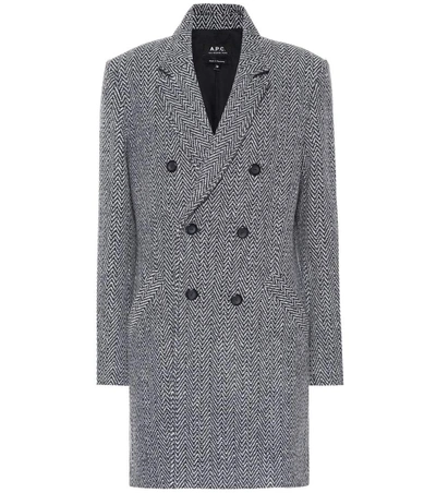 Shop Apc Joan Herringbone Wool-blend Coat In Blue