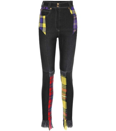 Shop Versace Plaid Patchwork Skinny Jeans In Black