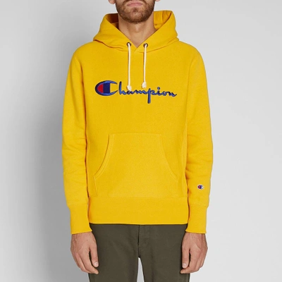 Shop Champion Reverse Weave Script Logo Hoody In Yellow