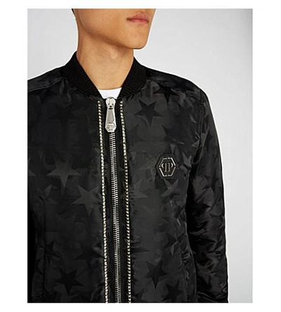 Shop Philipp Plein Stud-embellished Star-print Shell Bomber Jacket In Black