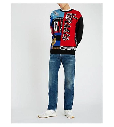 Shop Versace Patchwork Intarsia-knit Wool Jumper In Red Multi