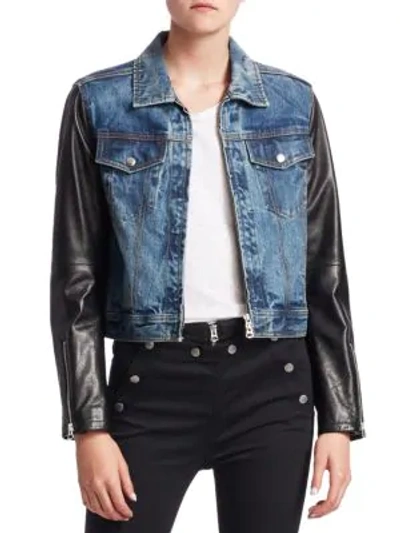 Shop Rag & Bone Nico Leather & Denim Crop Jacket In Indigo