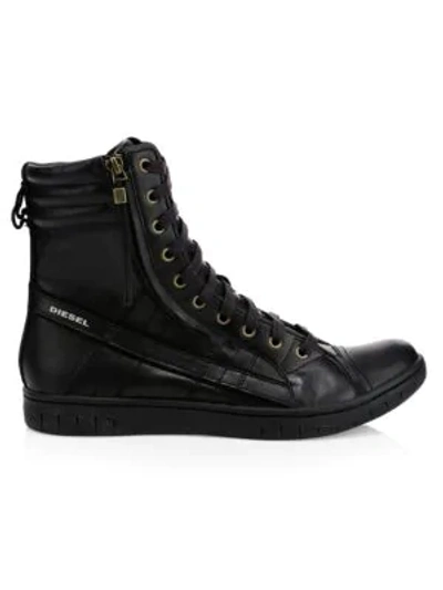 Shop Diesel Hybrid Leather Sneaker Boots In Black