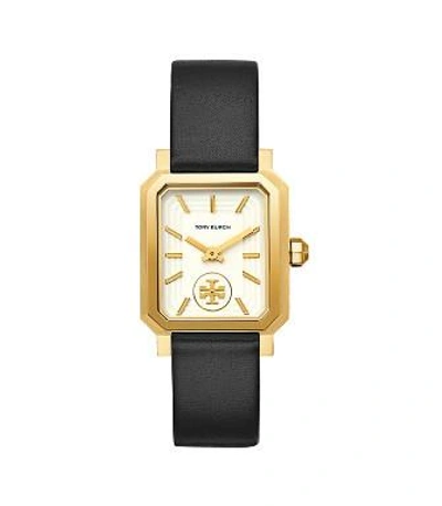 Shop Tory Burch Robinson Watch, Black Leather/gold-tone, 27 X 29 Mm In Gold/black