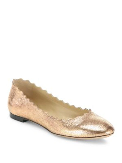 Shop Chloé Scalloped Metallic Leather Flats In Pink Gold