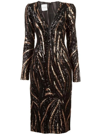 Shop Halpern Long-sleeve V-neck Sequin Slit Midi Dress