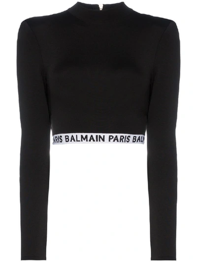 Shop Balmain High Neck Logo Crop Top In Black