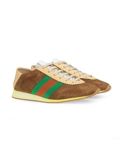Shop Gucci Suede Sneakers With Web In Brown