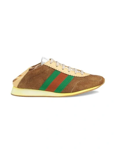 Shop Gucci Suede Sneakers With Web In Brown