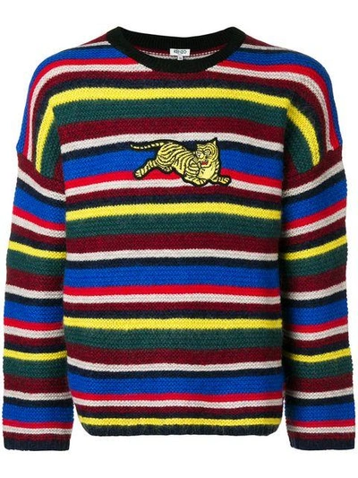 Shop Kenzo Striped Tiger Patch Sweater In Yellow