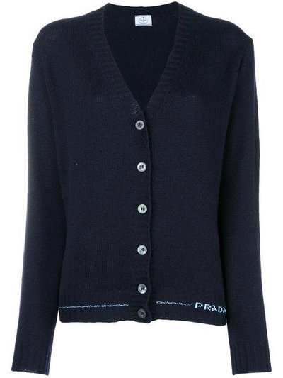 Shop Prada Cashmere Logo Knit Cardigan In Blue